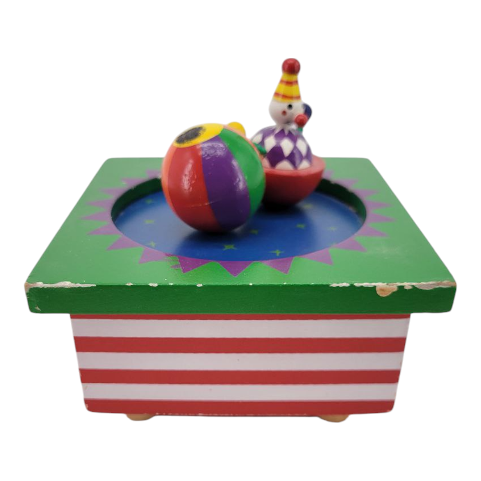 Vintage Wooden Magnetic Circus Clown and Ball Cartoon Music Box