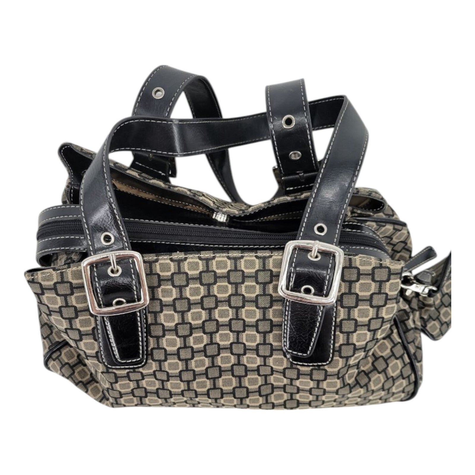 Nine West Black Brown Geometric Print Canvas Handbag Purse Leather Straps