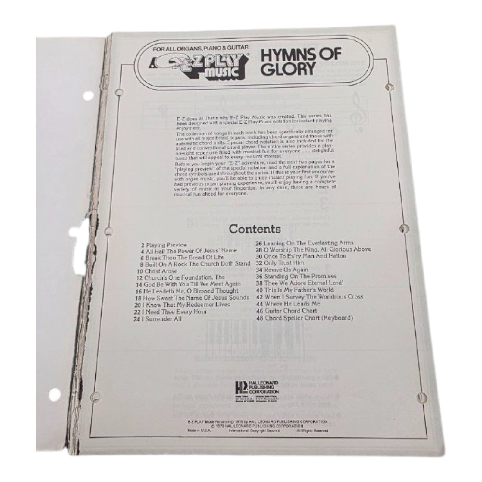 E-Z Play Music 74 Hymns of Glory for Organs Piano & Guitar Vintage Music Book