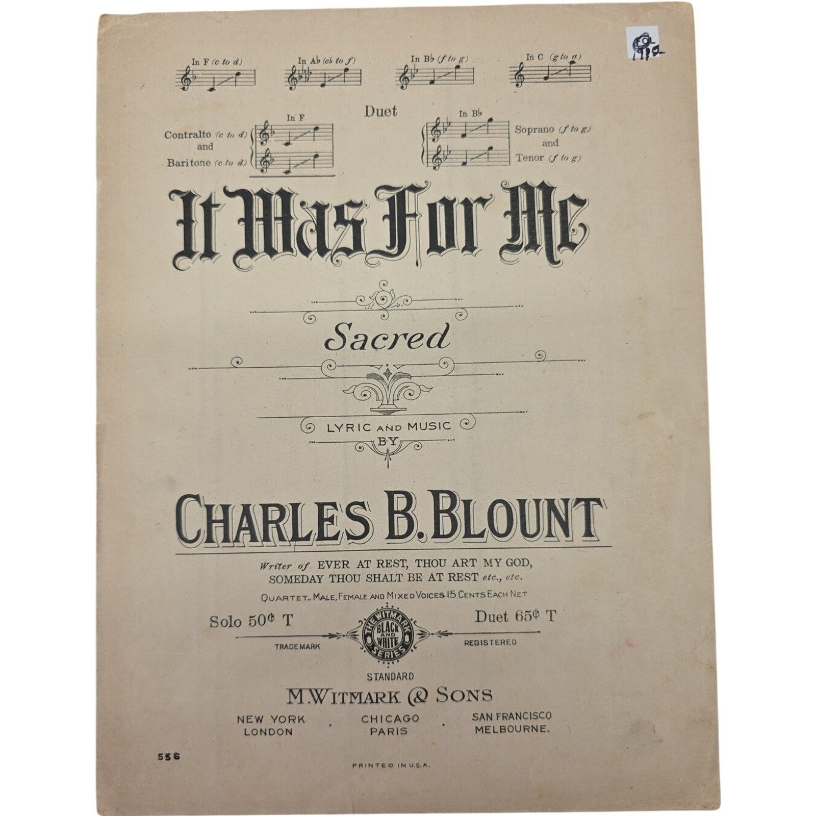 1912 It Was For Me Charles B. Blount Sacred Christian Gospel Sheet Vintage Music