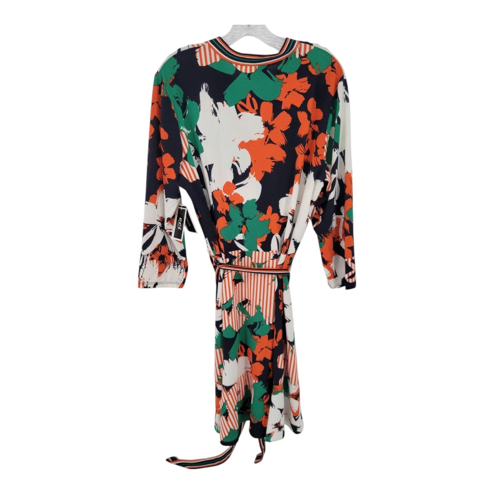 ECI New York Womens Wrap Dress Navy Orange Green Floral Stripe Stretch XL