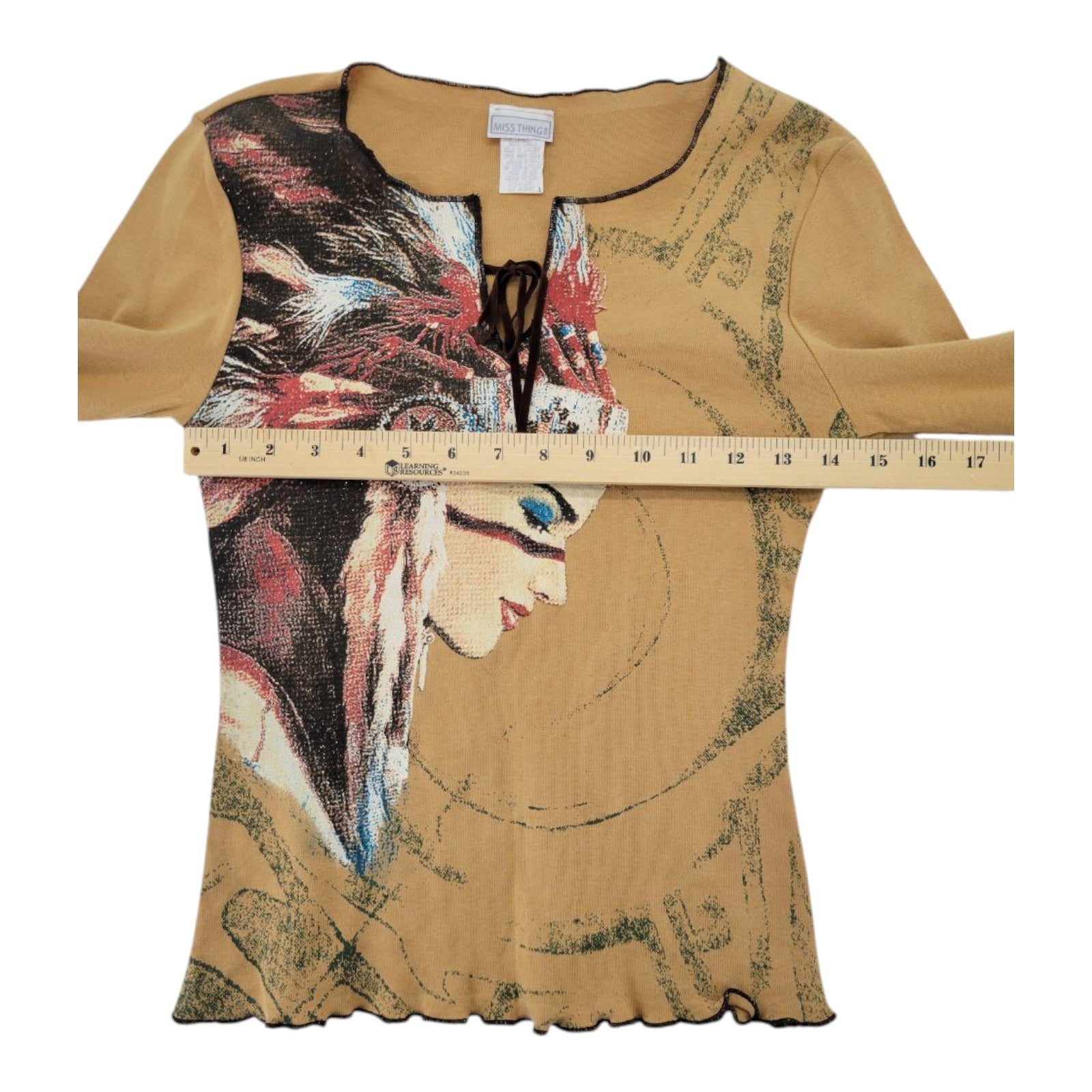 Miss Thing Women's Boho Style Graphic Print Top L Mustard Long Sleeve Bell