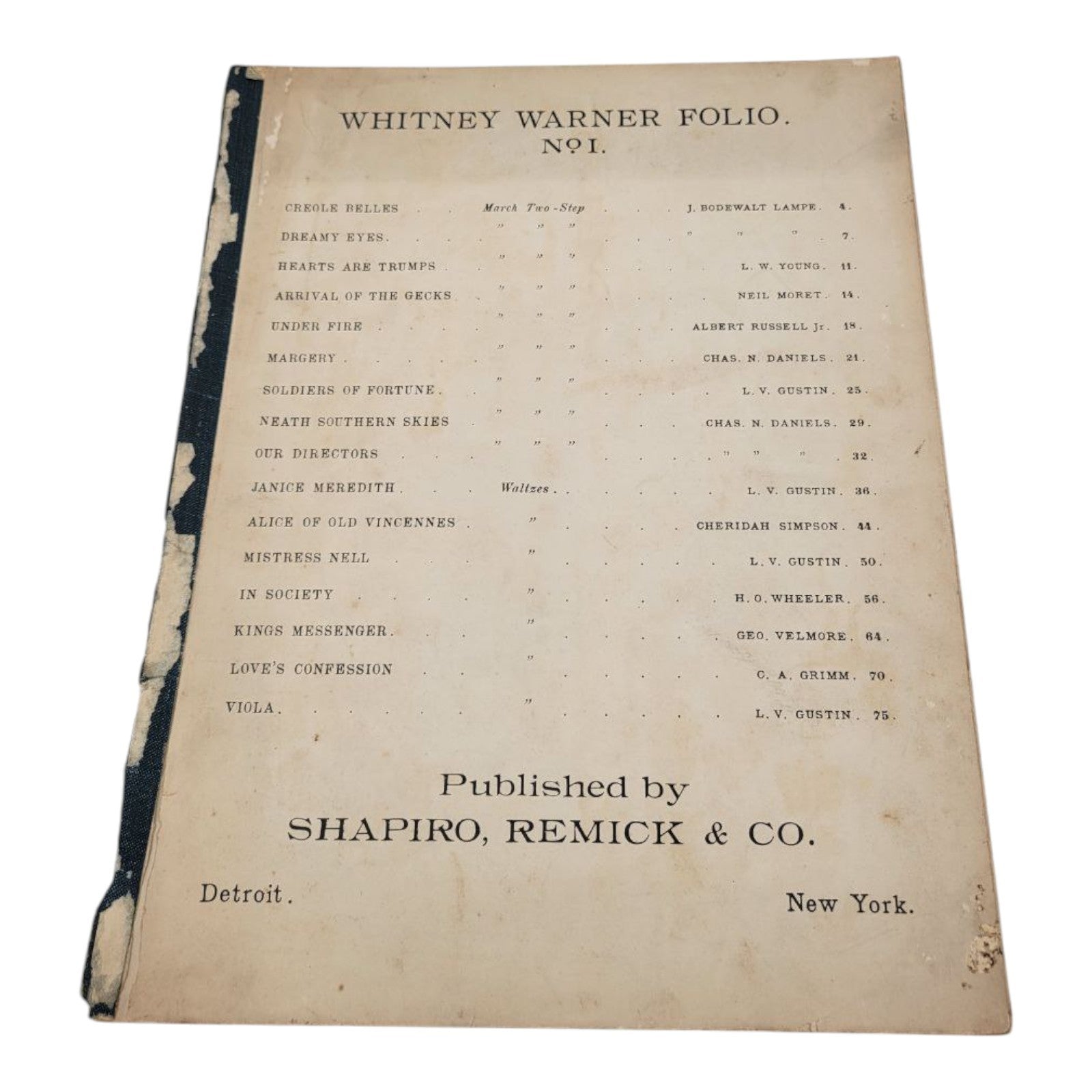 Whitney Warner Folio No. 1 Sheet Music Book Shapiro Remick & Co.