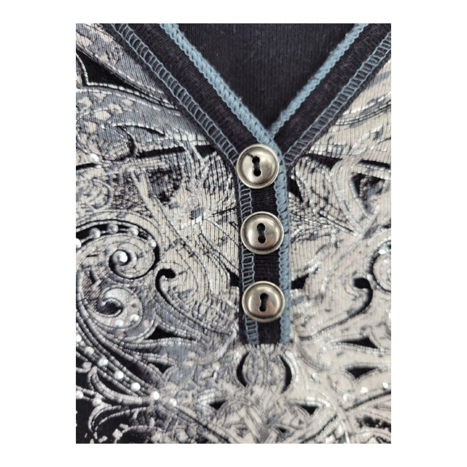 Blue Canyon Clothing Women's Black Scroll Floral Print Henley Top Long Sleeve L