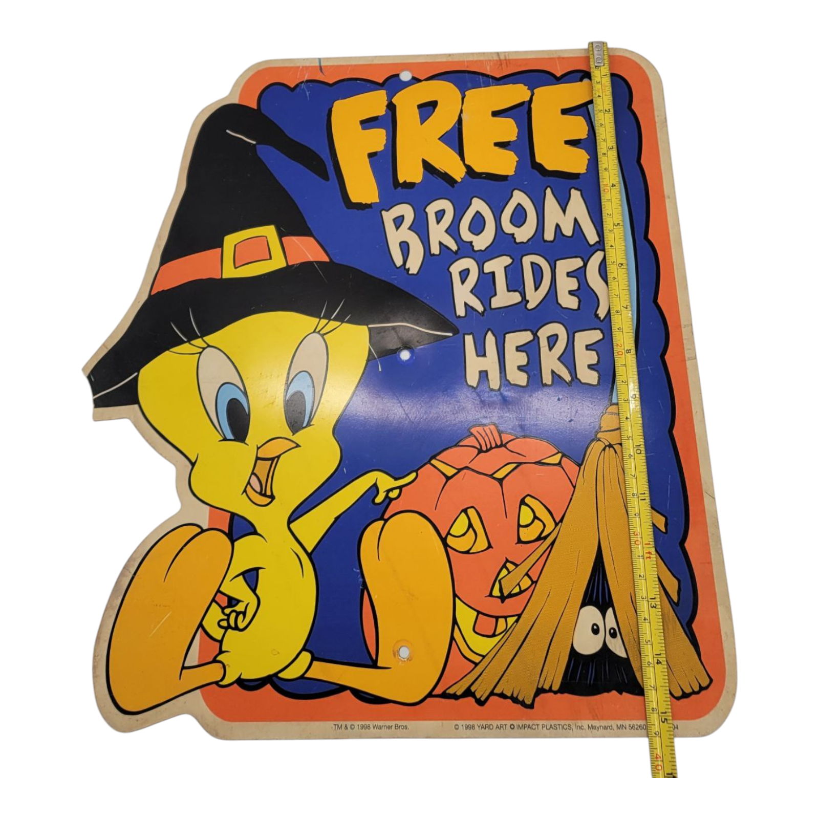 Vintage 1998 Looney Tunes Tweety Bird Halloween Free Broom Rides Here Sign