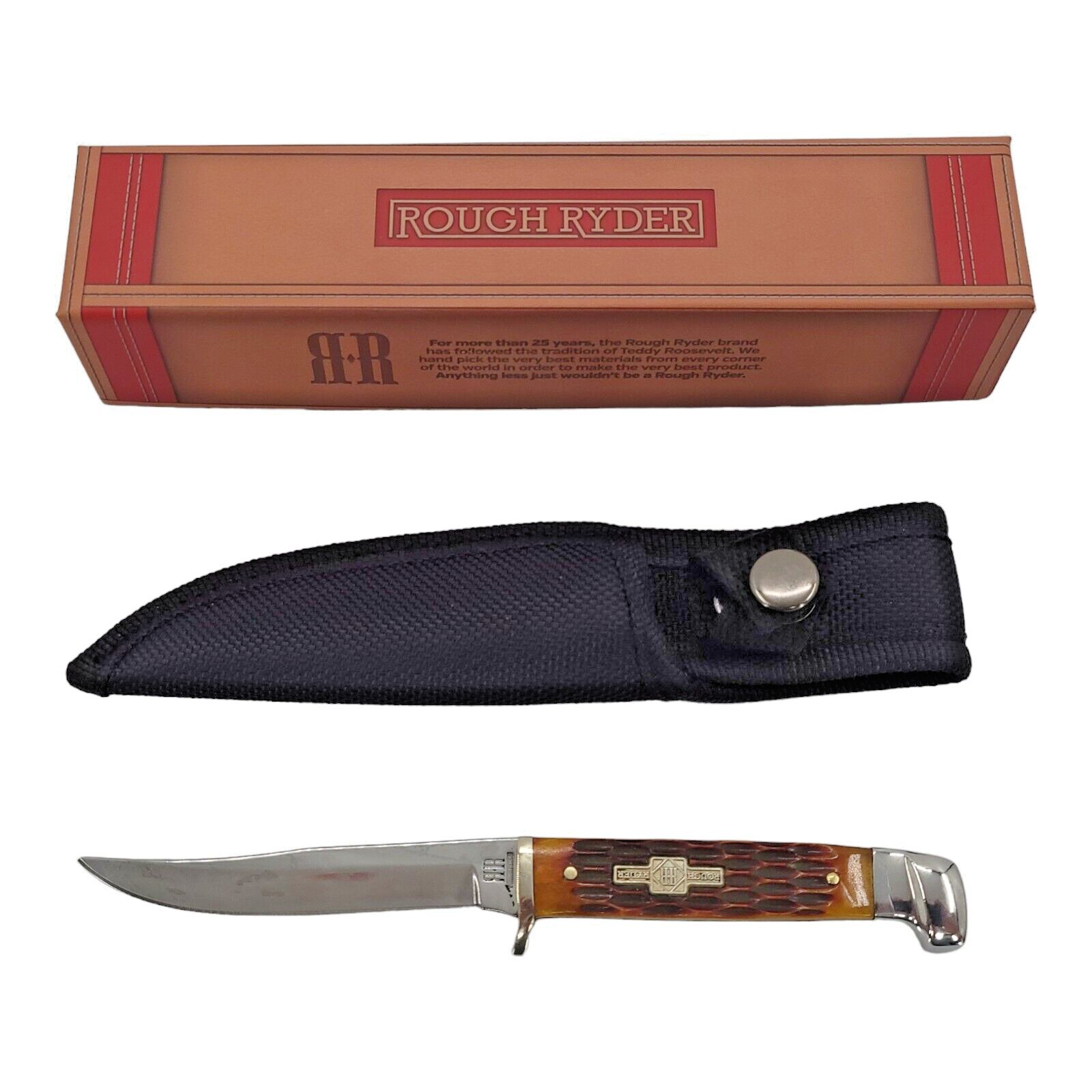 Rough Ryder Small Hunter Fixed Blade Knife RR1033 Amber Jigged Cow Bone Handle