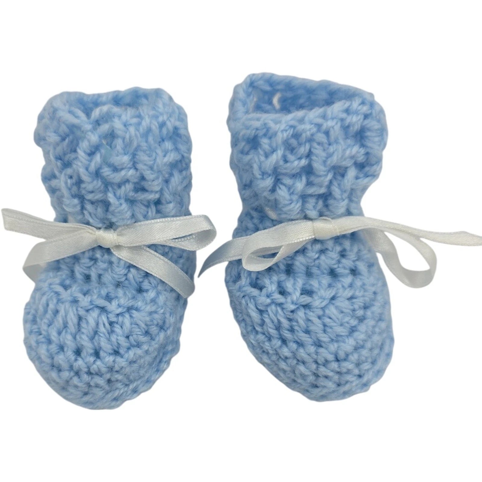 Vintage Handmade Blue Crochet Baby Booties with White Ribbon Ties – 3" Foot