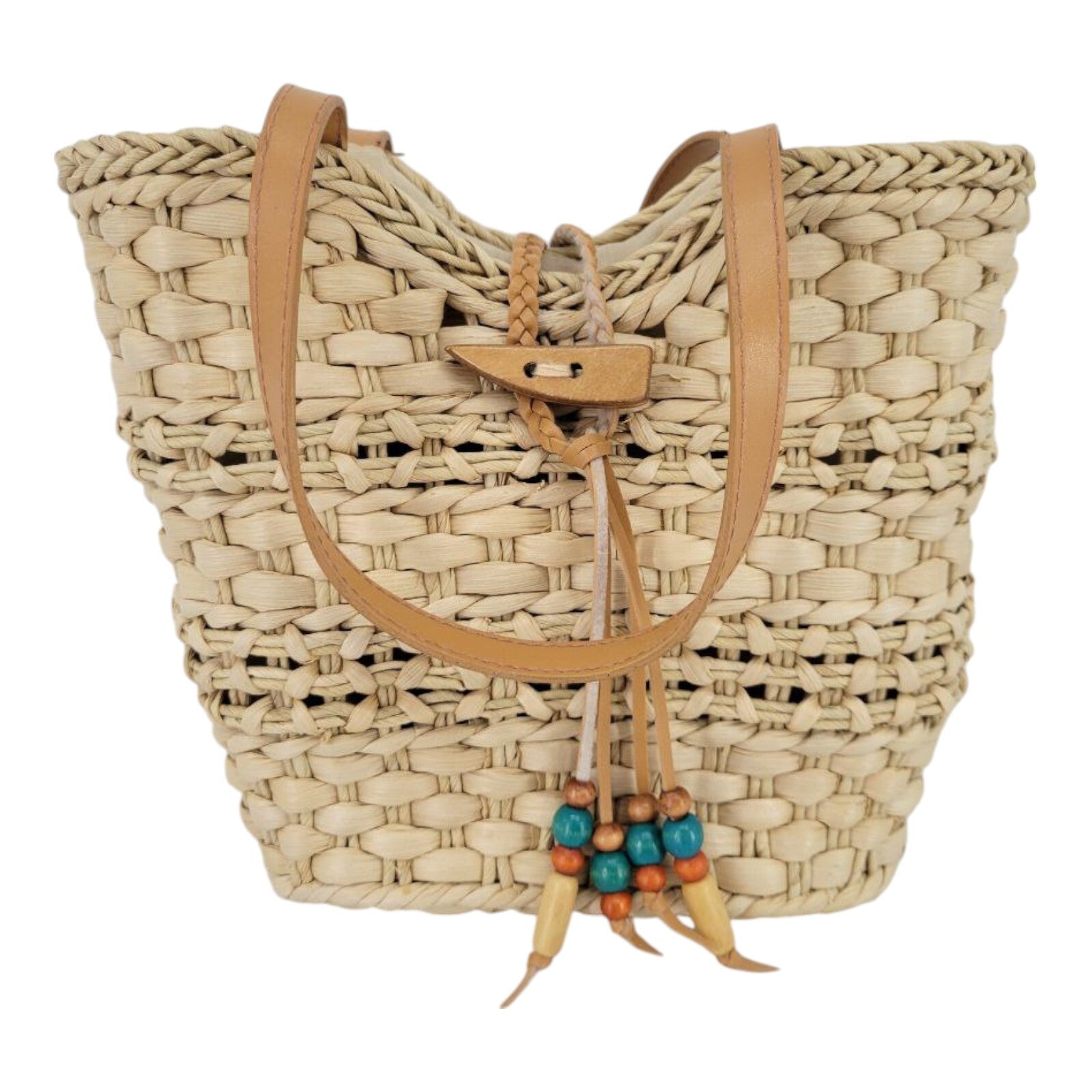Womens Beige Tote Cornhusk Handbag with Leather Handles and Beads