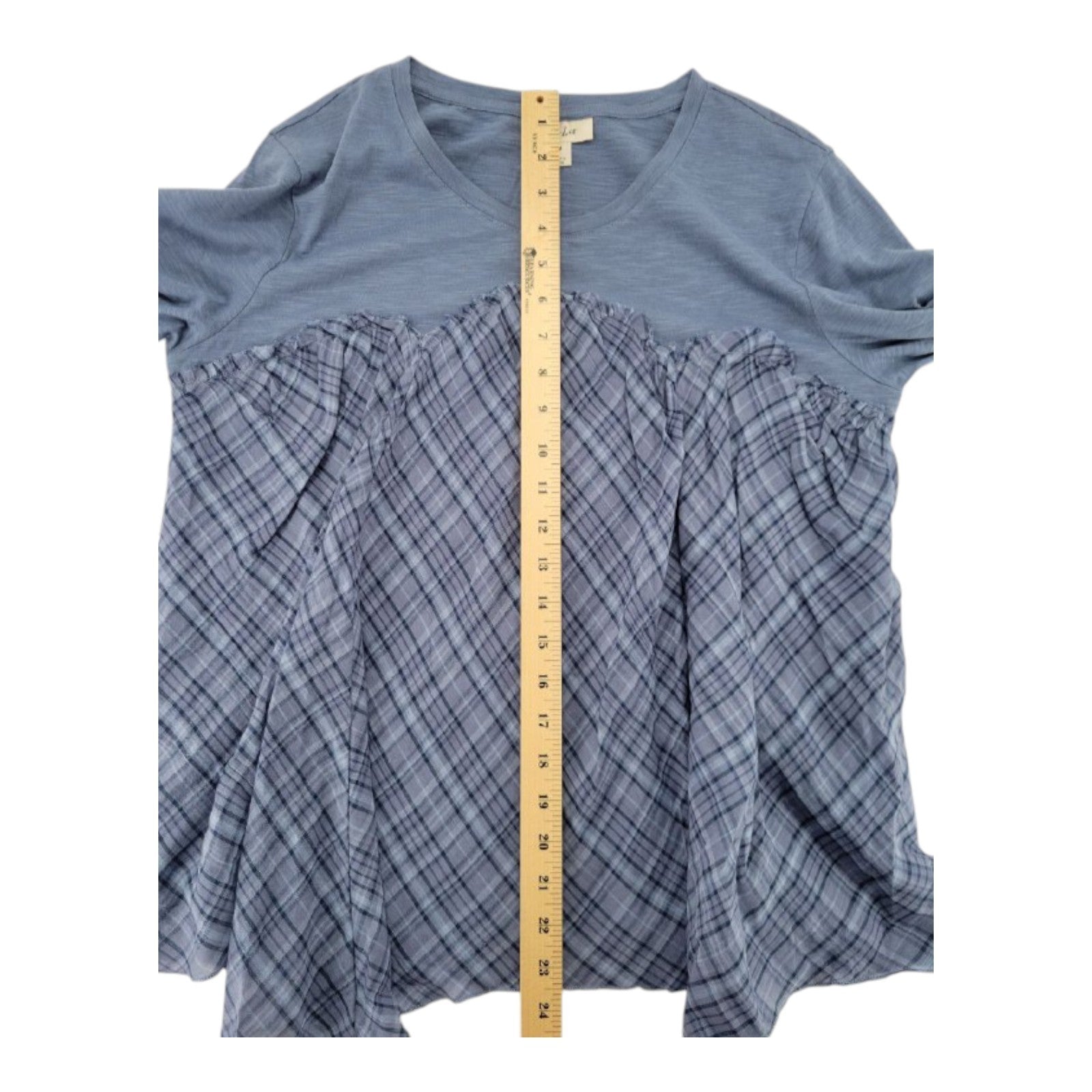 Style & Co Women's Blue Plaid Peplum Top Long Sleeve Mixed Media Scallop M