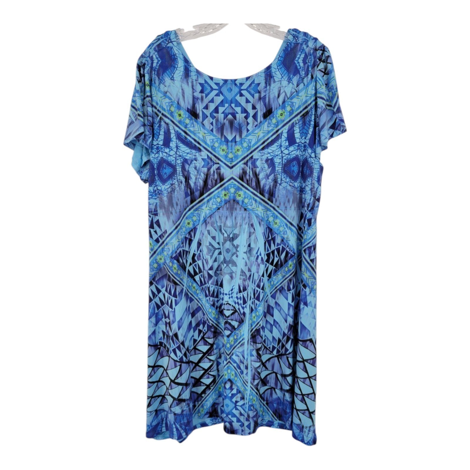 APT 9 Women's Blue Geometric V-Neck Dress Embellished Short Sleeve 2X