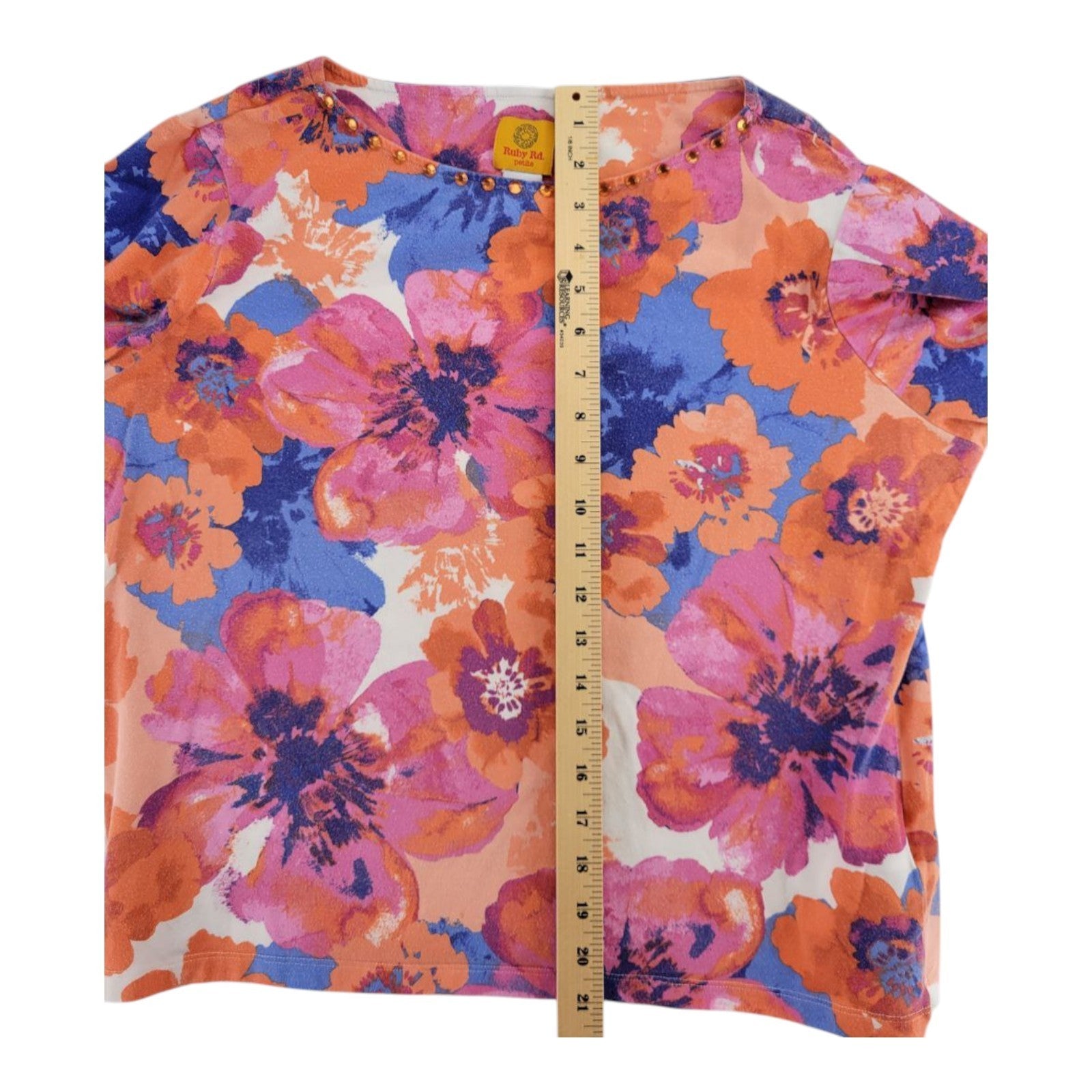 Ruby Rd. Petite Floral Embellished 3/4 Sleeve Top Orange Pink Blue PXL