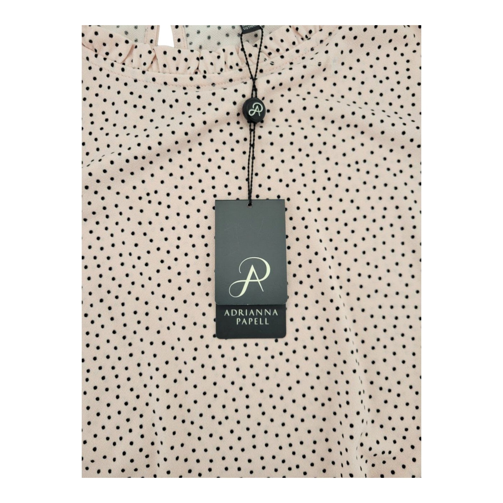 Adrianna Papell Pink Polka Dot Blouse Womens Ruffle Neck Puff Sleeves Size XL