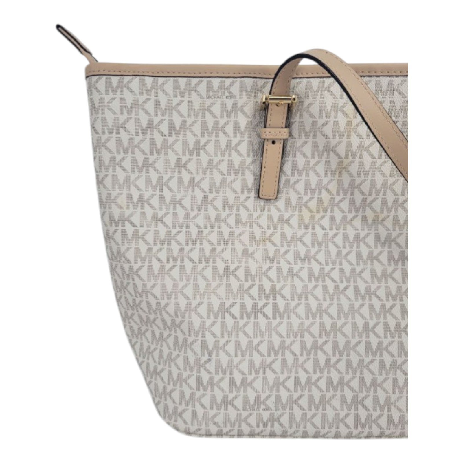 Michael Kors Jet Set Travel Tote Vanilla MK Logo Canvas Leather Gold Charm