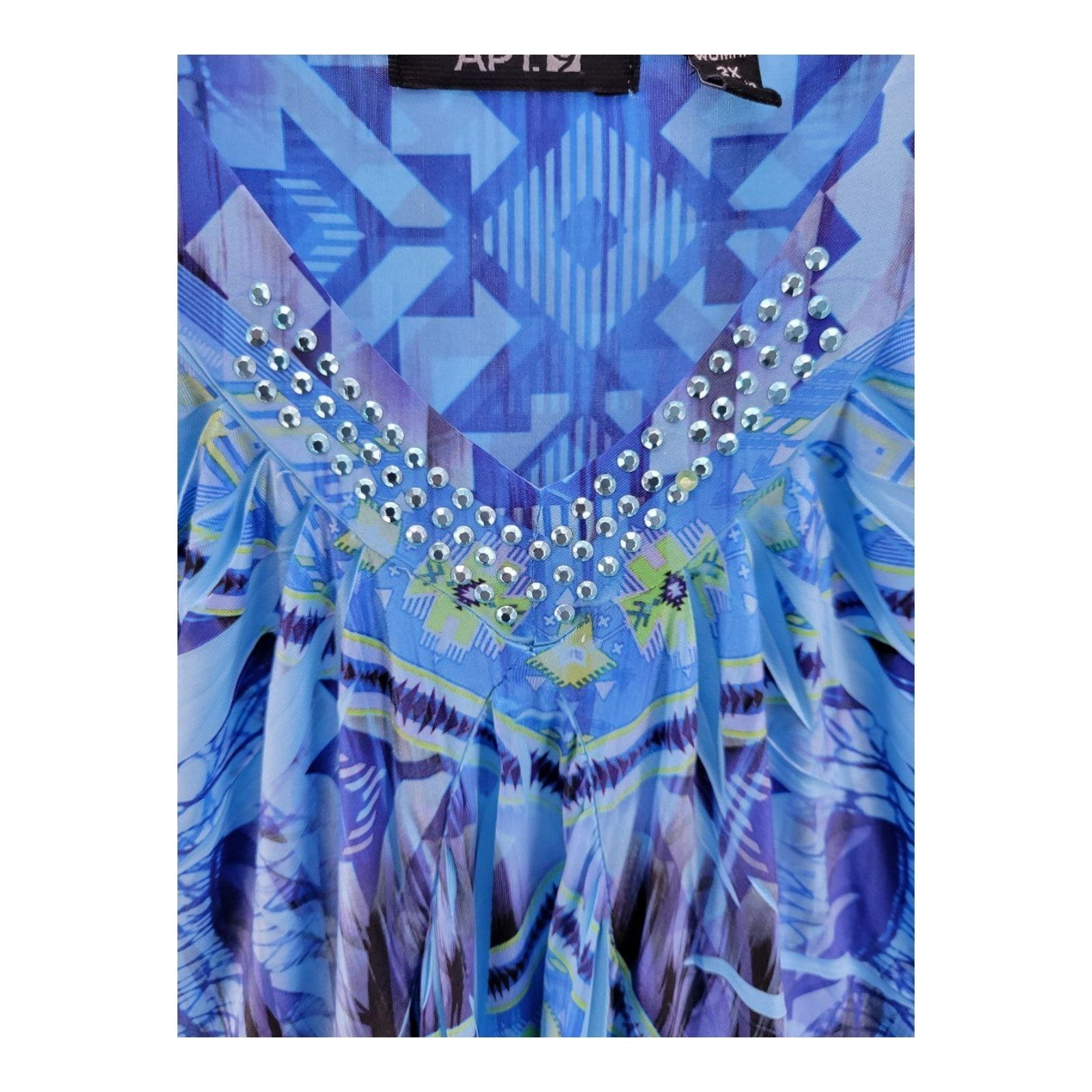 APT 9 Women's Blue Geometric V-Neck Dress Embellished Short Sleeve 2X