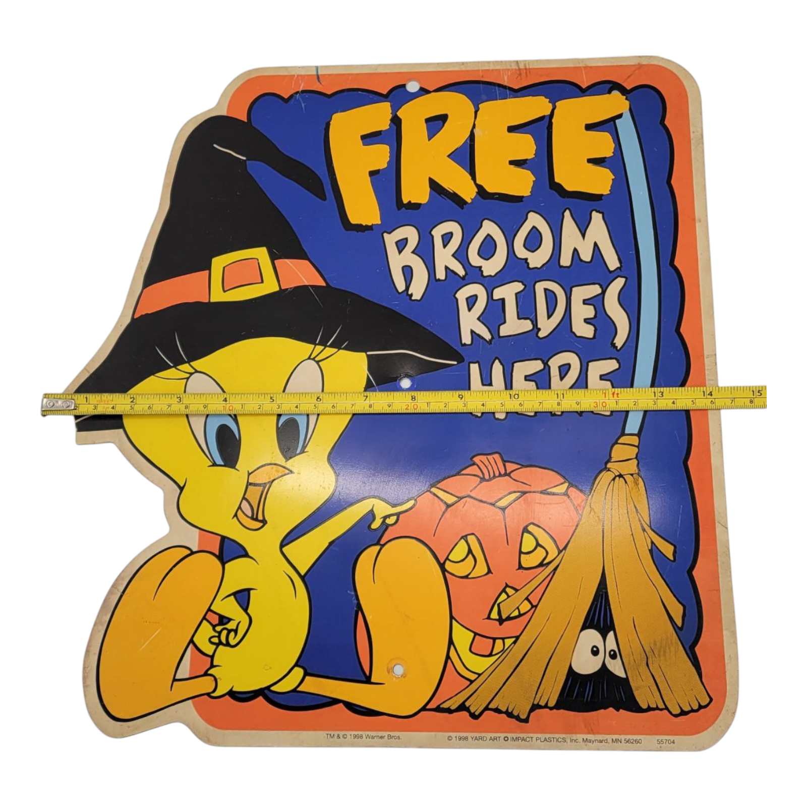 Vintage 1998 Looney Tunes Tweety Bird Halloween Free Broom Rides Here Sign