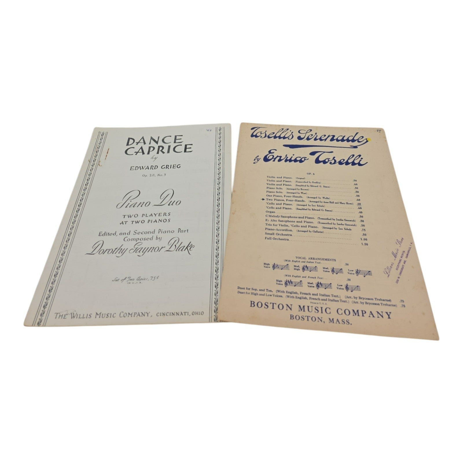 Tosellis Serenade by Enrico Toselli and Dance Caprice by Edward Grieg Set of 2