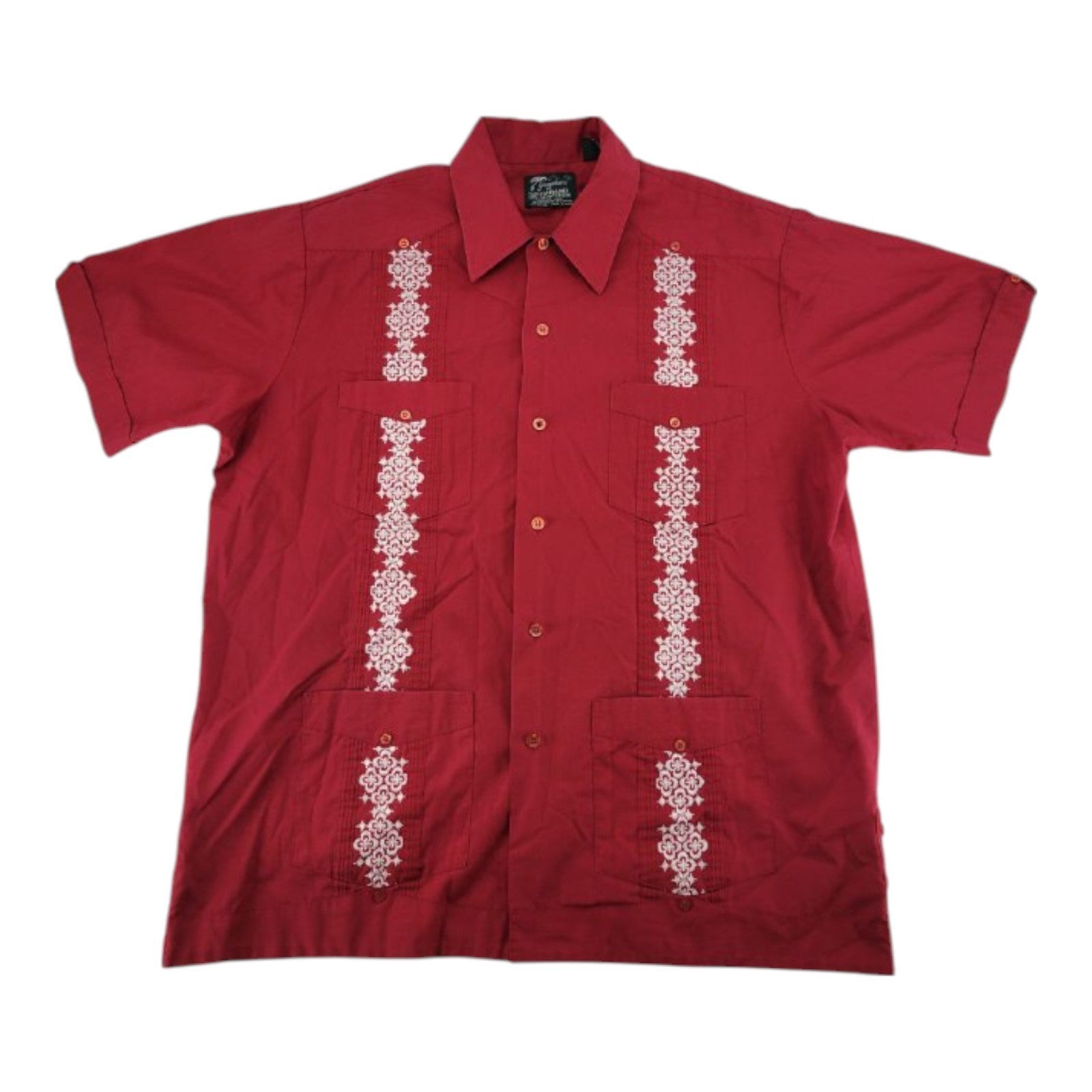 Guayabera by Haband Red Embroidered Short Sleeve Shirt Size L Cuba Style