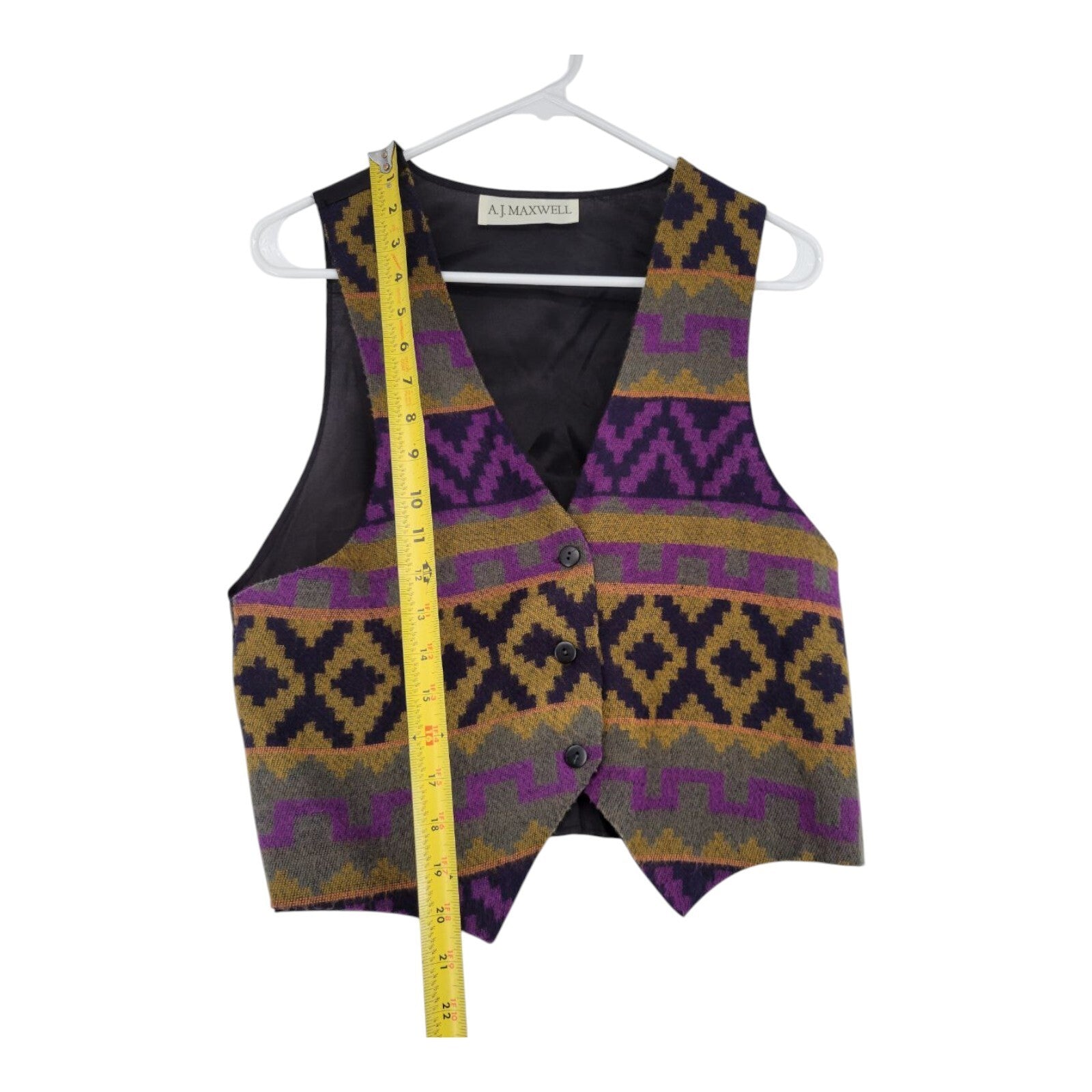 AJ Maxwell Southwest Aztec Knit Button Vest Black Purple Gold Lined Size M