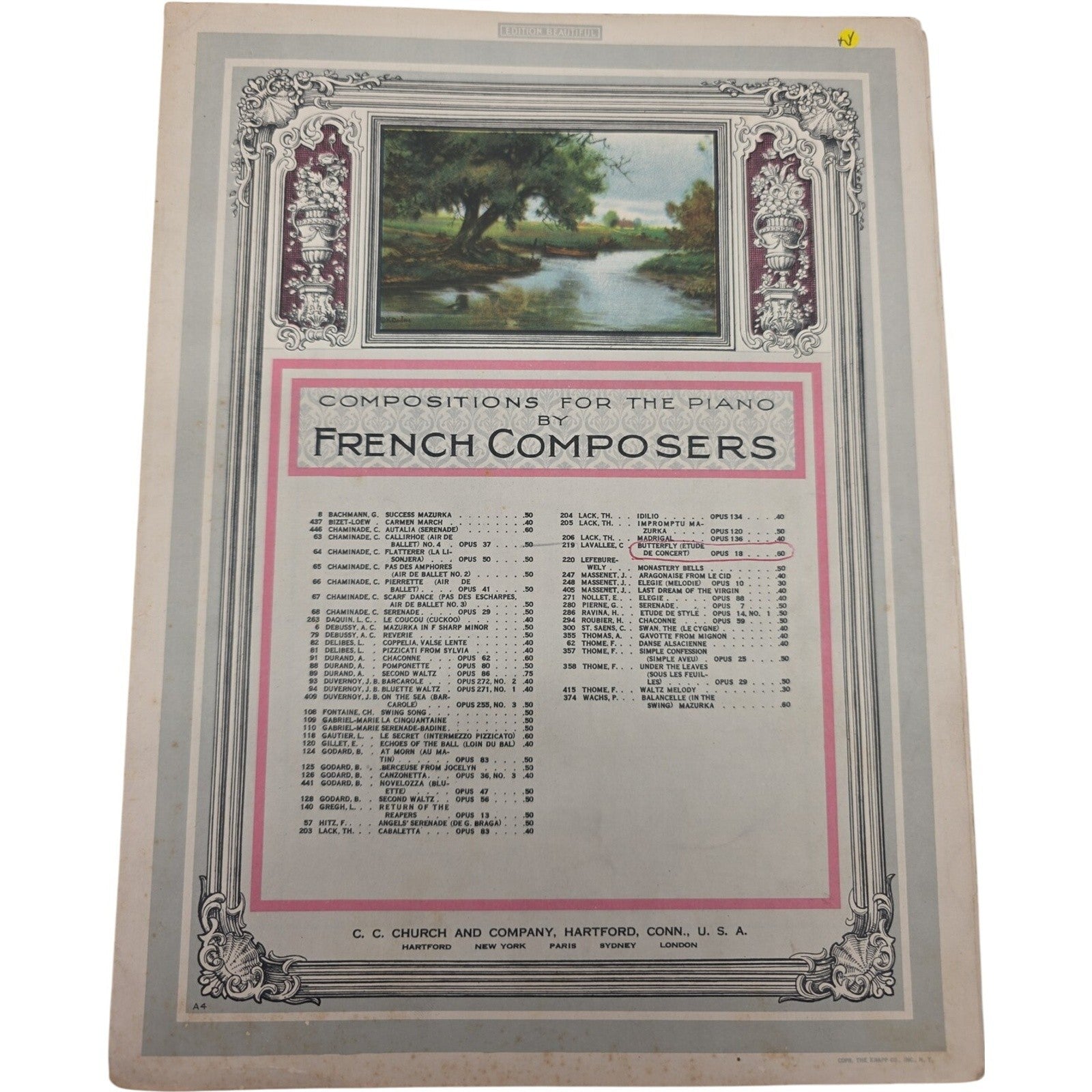 Vintage Sheet Music Compositions for the Piano by French Composers C.C. Church