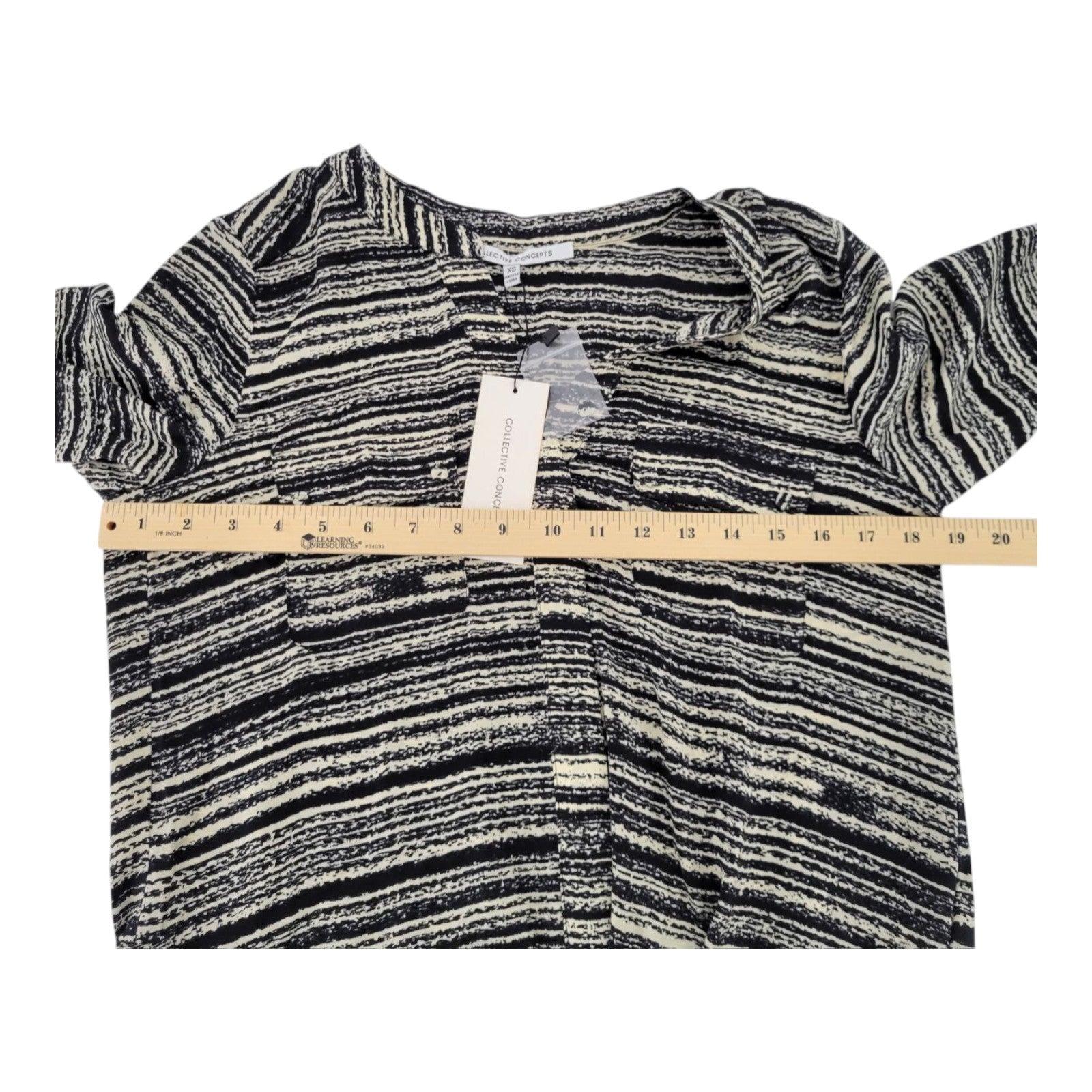 Collective Concepts Women's Black Cream Abstract Stripe Blouse XS Long Sleeve