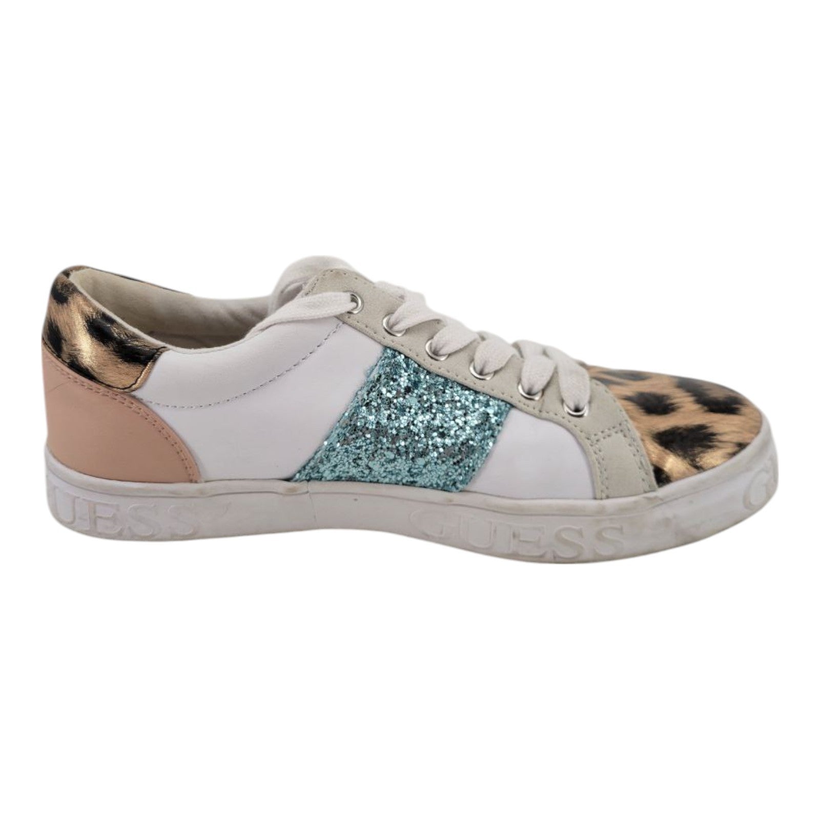 GUESS Glitter Leopard Print Sneakers ASTRAY3 White Blue Womens 8.5 M