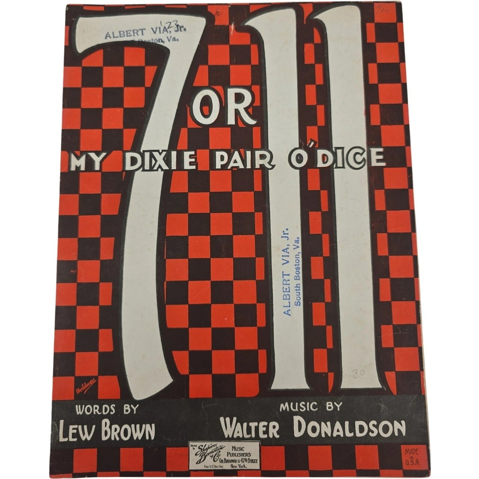 Vintage 7 or 11 My Dixie Pair o Dice by Brown & Donaldson 1923 Sheet Music