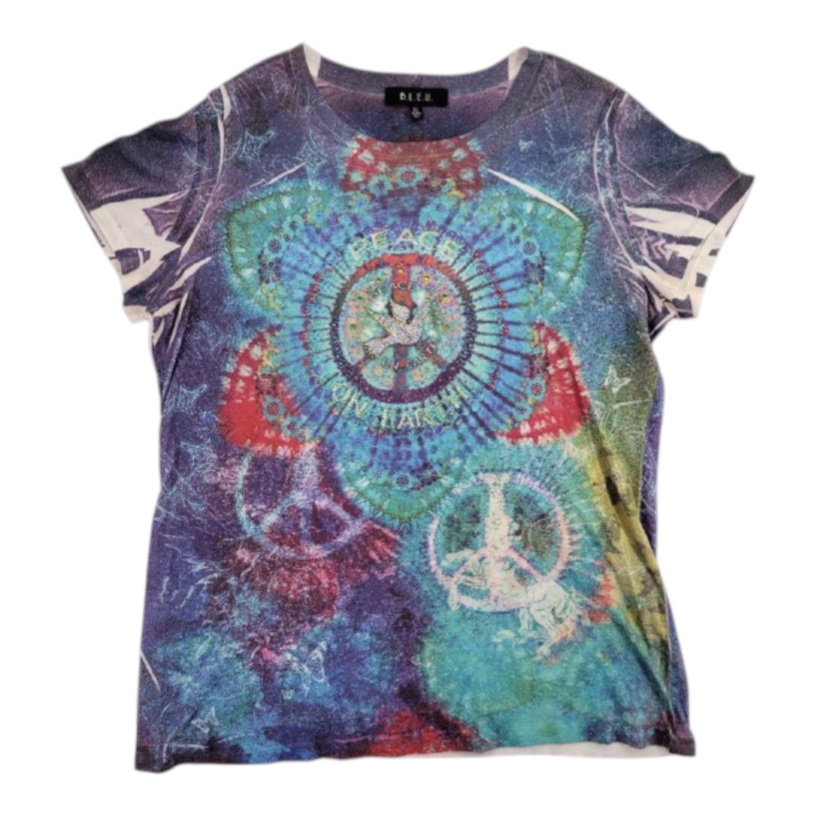 B.L.E.U. Women's Peace On Earth Rhinestone Tee USA Made Graphic XL