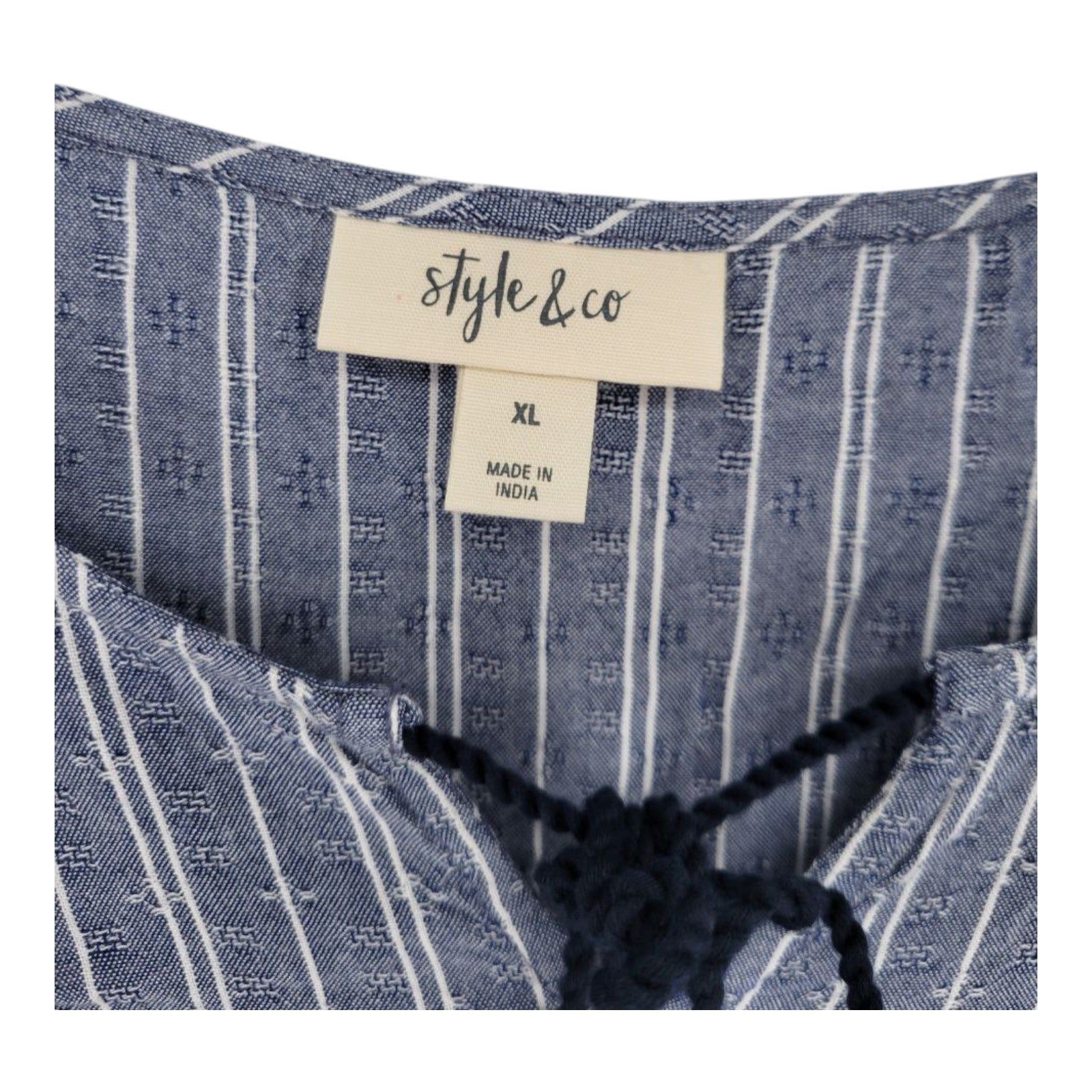 Style & Co Women's Boho Tassel Blouse Navy Floral Stripe Print Top XL