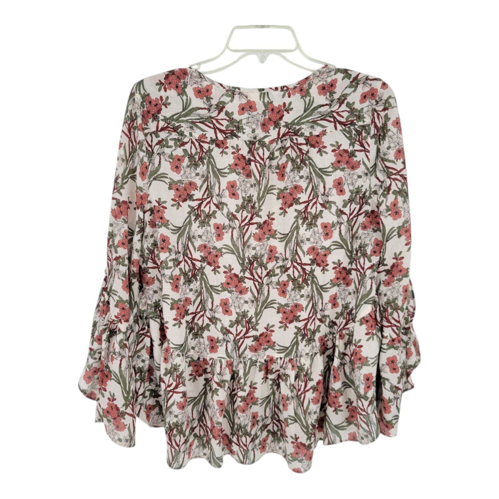 Max Studio Women's Floral Blouse XS White Pink Green Ruffle Hem Long Sleeve