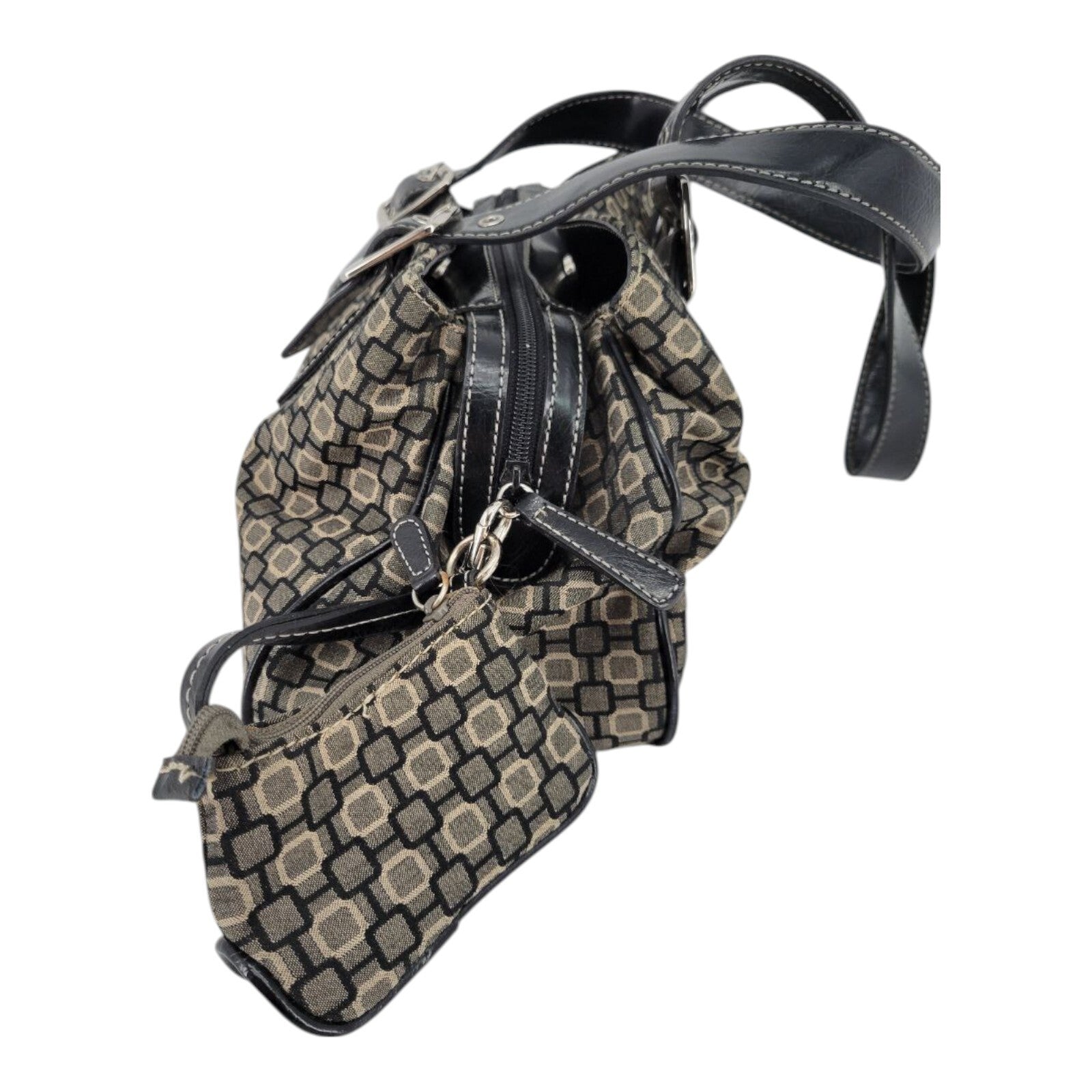 Nine West Black Brown Geometric Print Canvas Handbag Purse Leather Straps