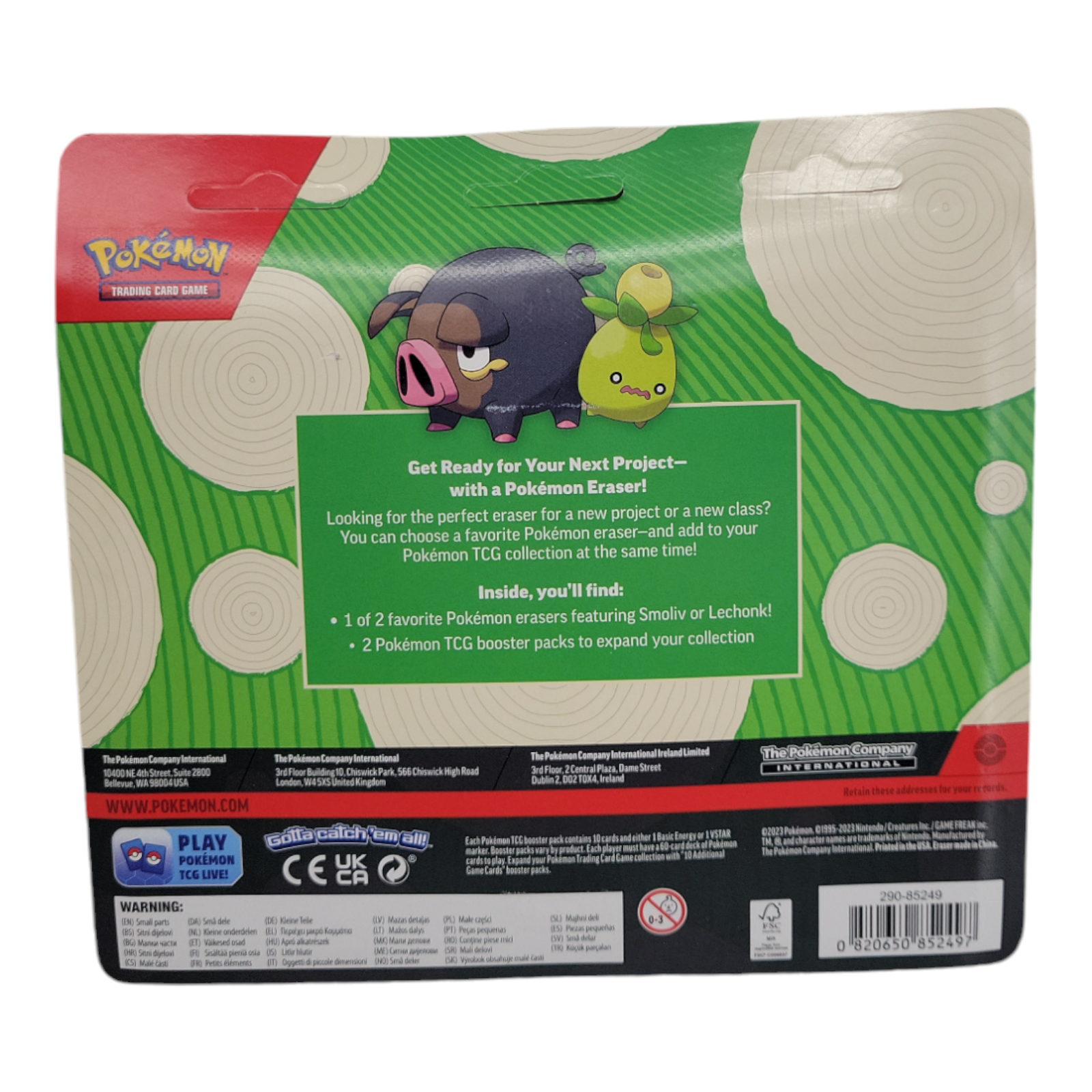 Pokémon TCG Back to School Eraser Blister 2023 with 2 Booster Packs Smoliv