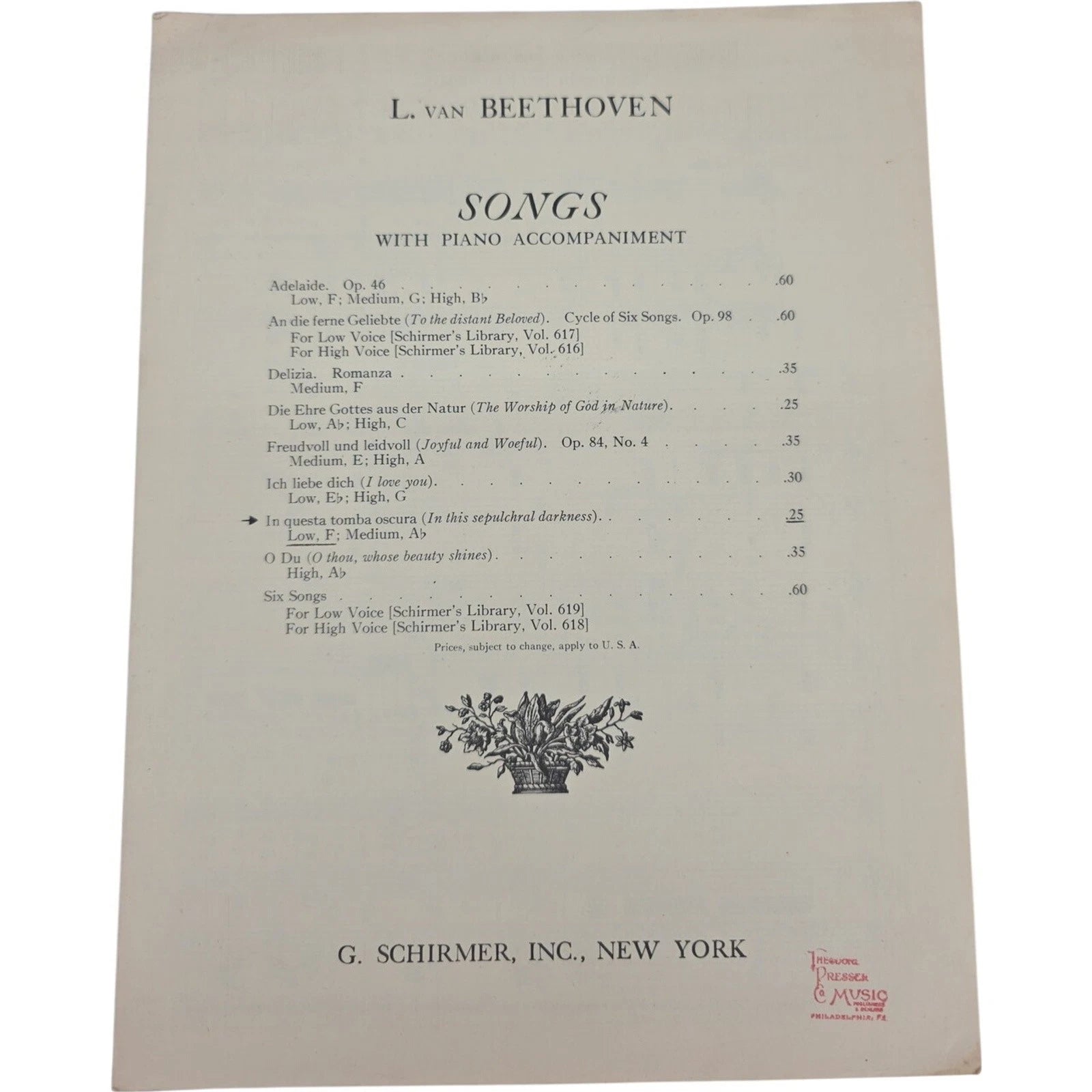 L. van Beethoven Songs with Piano Accompaniment Vintage Classic Sheet Music