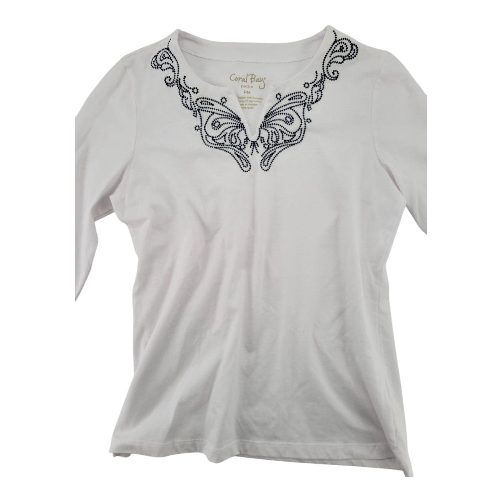 Coral Bay Petit White Embellished V Neck 3/4 Sleeve Top PM