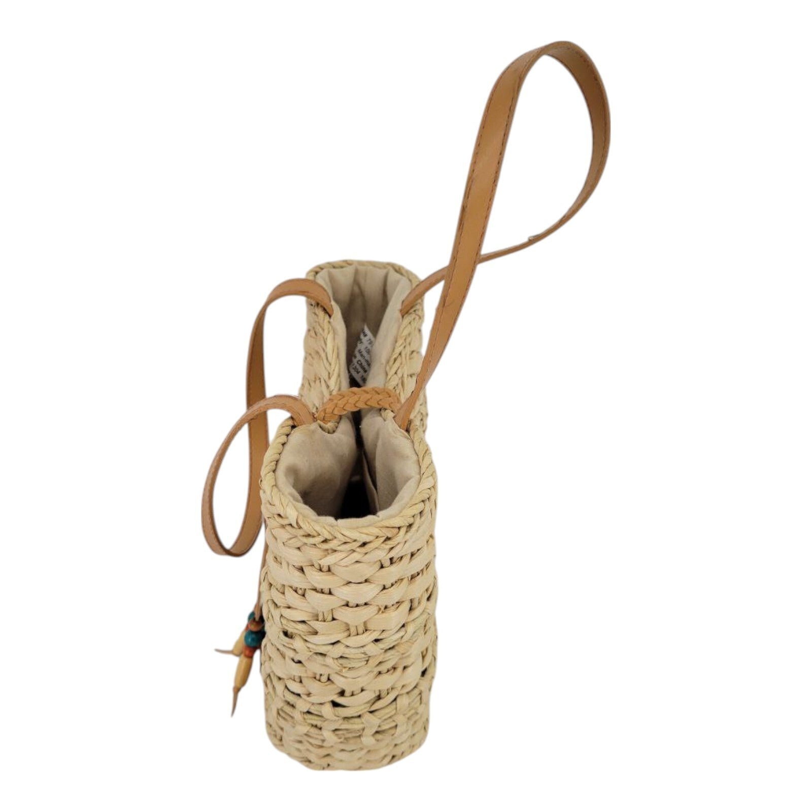 Womens Beige Tote Cornhusk Handbag with Leather Handles and Beads