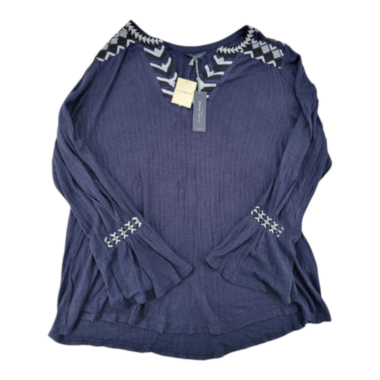 Lucky Brand Women's Top 1X Navy Embroidered V-Neck Long Sleeve NWT