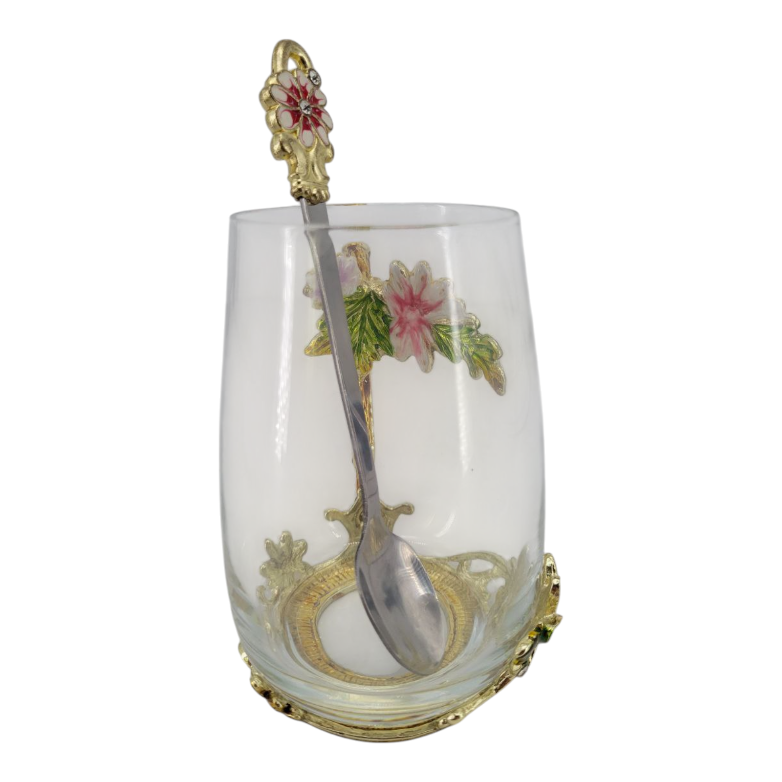 Glass Enamel Milk Tea Coffee Cup and Spoon Set Pink Flower with Gold Handle