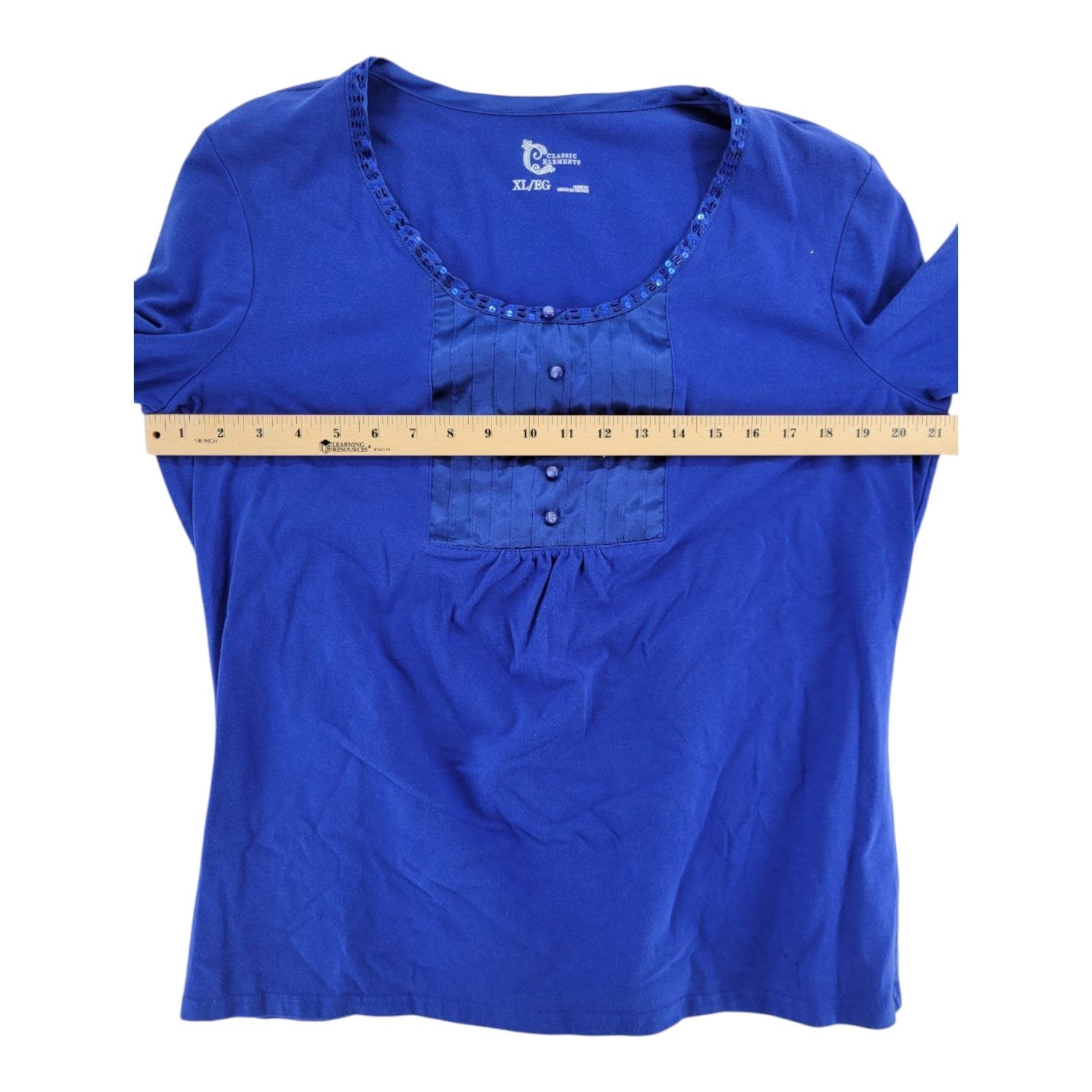 Classic Elements Blue Sequin Neck Long Sleeve Top Shirt Women's XL