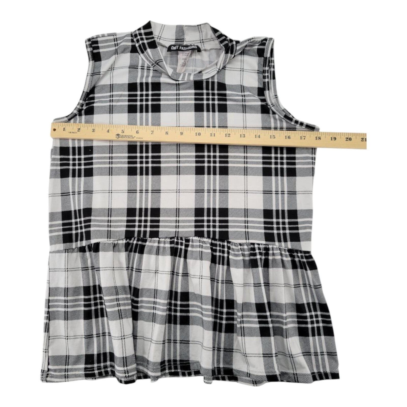 OMT Fashions Sleeveless Peplum Top Womens Black White Plaid Size XL