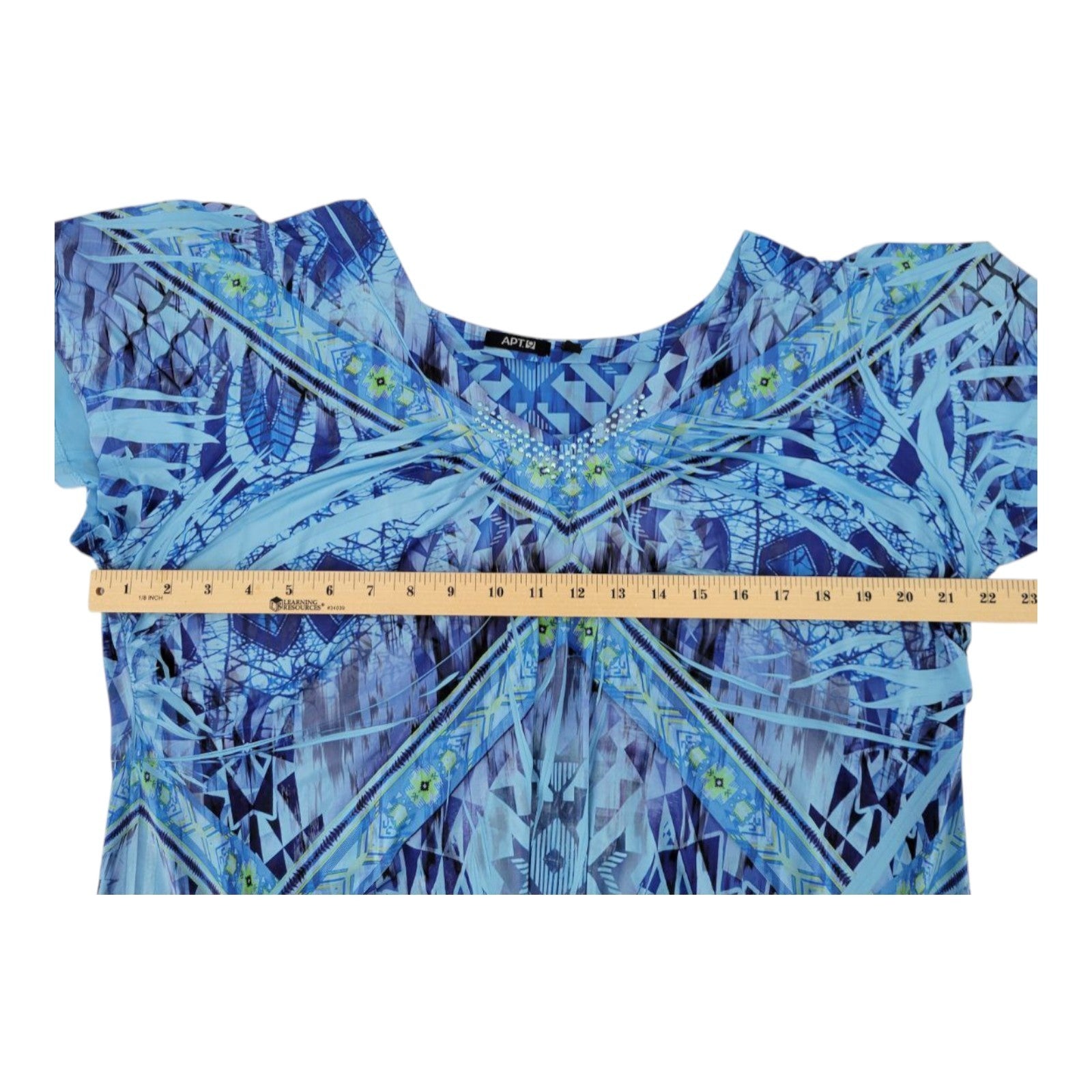 APT 9 Women's Blue Geometric V-Neck Dress Embellished Short Sleeve 2X