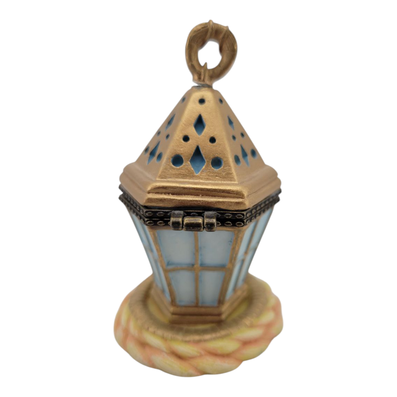 Vintage Lantern Hinged Trinket Box Gold & Blue Porcelain Miniature Collectible