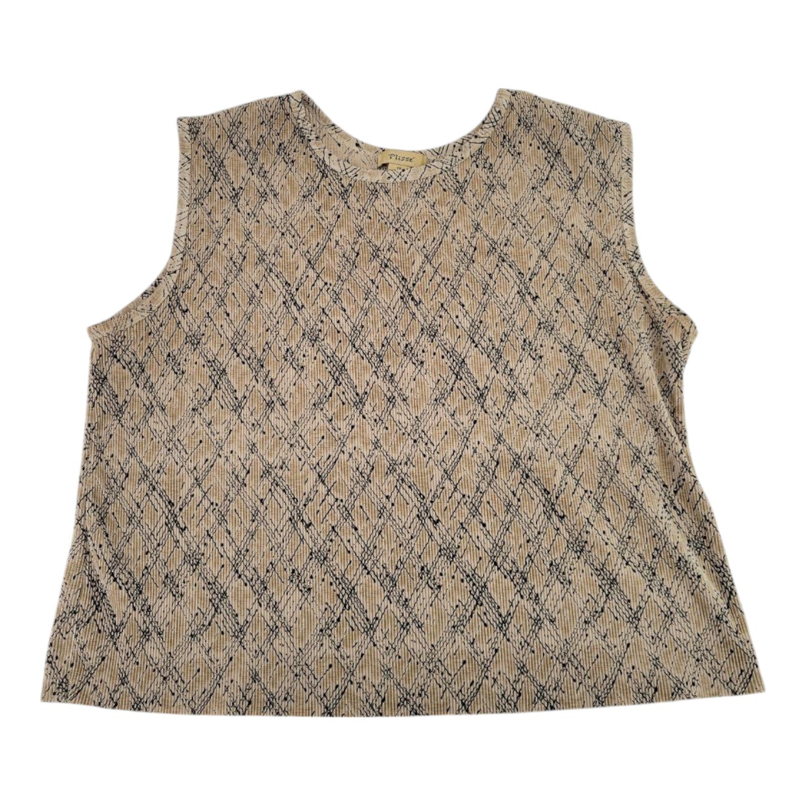 Plissé Beige Black Geometric Textured Sleeveless Top 1X