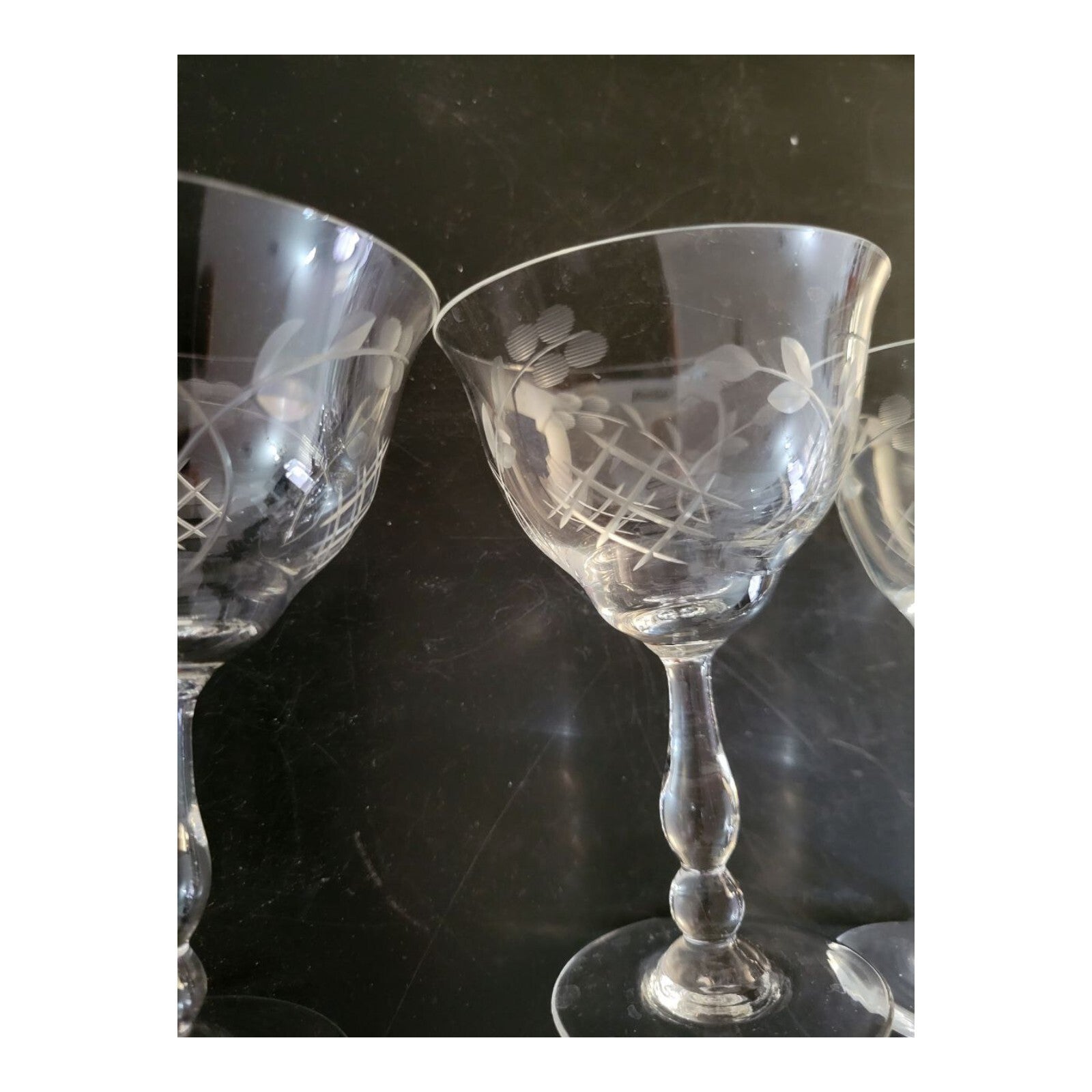 Vintage Etched Crystal Cordial Glasses Set of 3 Floral 4.75" Stemware