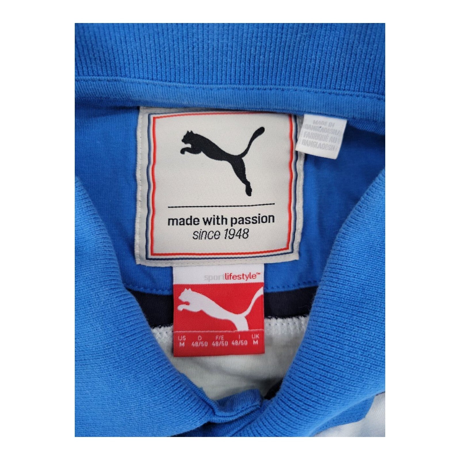 Puma Golf Polo Shirt Mens Blue White Colorblock Short Sleeve Logo Size Medium