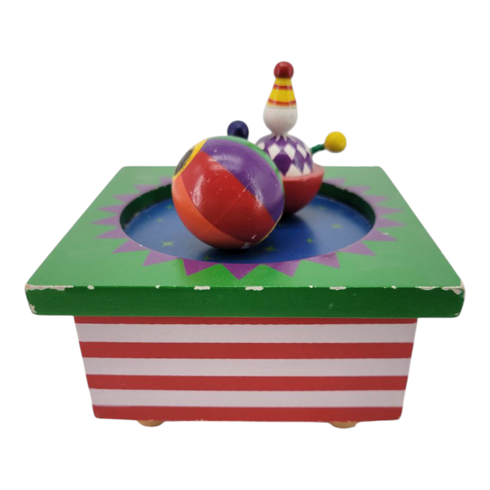 Vintage Wooden Magnetic Circus Clown and Ball Cartoon Music Box