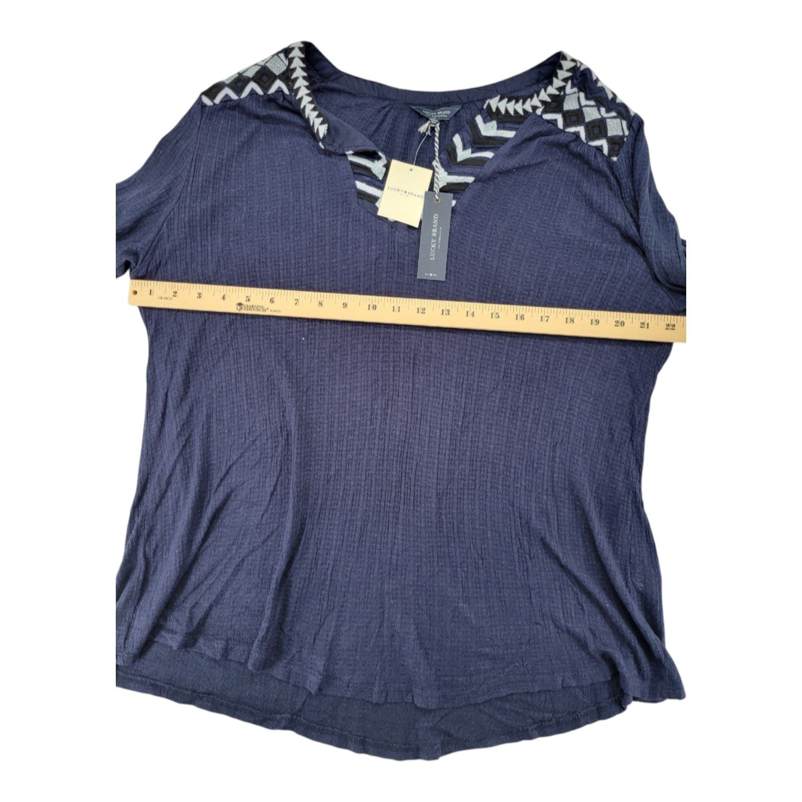 Lucky Brand Women's Top 1X Navy Embroidered V-Neck Long Sleeve NWT