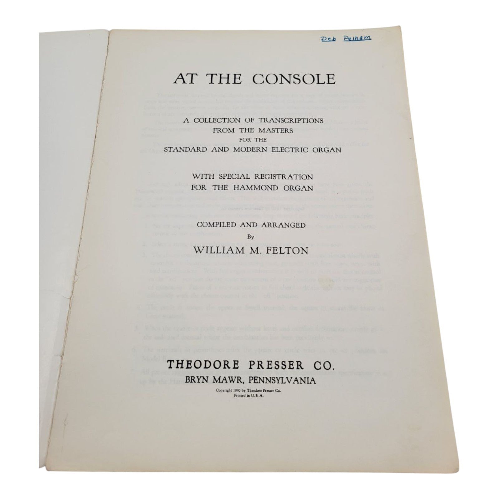 At the Console Sheet Music Book for Organ by William M Felton 1940