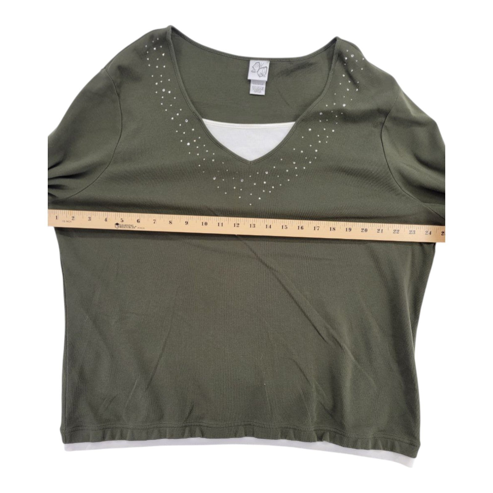 Women's Olive Green V-Neck Rhinestone Long Sleeve Shirt Plus Size 22/24W