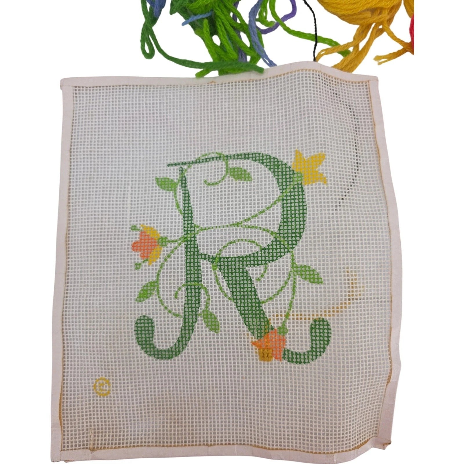 Vintage Floral Monogram "R" Needlepoint Canvas Kit with Yarn Partially Started