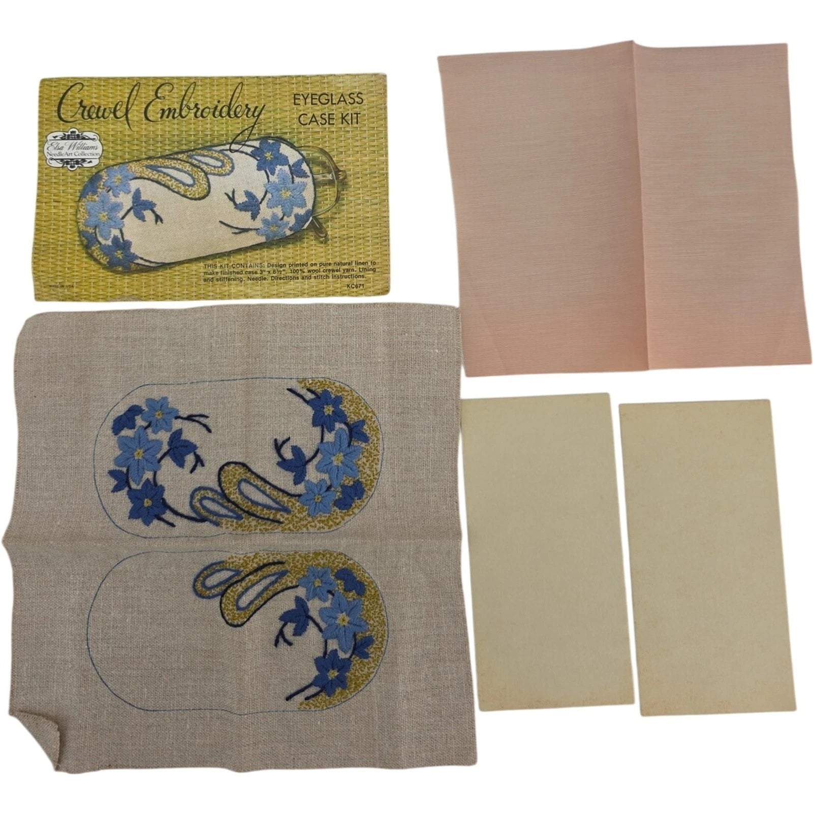 Elsa Williams Crewel Embroidery Eyeglass Case Kit KC671 Linen Floral Blue Vtg