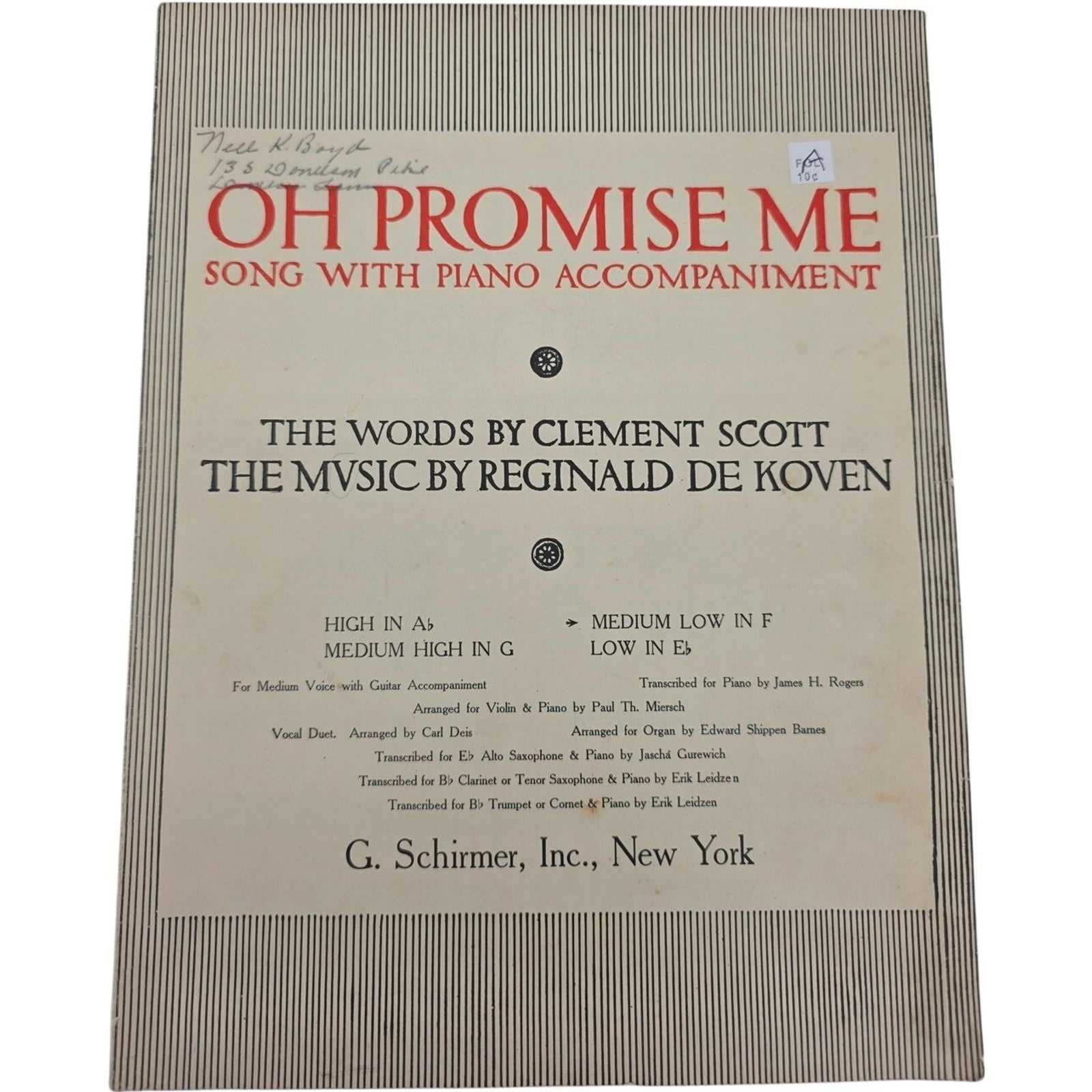 Vintage Sheet Music Oh Promise Me 1889 Copyright Renewed 1917 - G. Schirmer